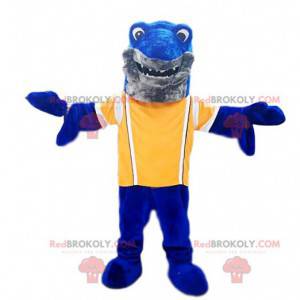 Blauwe haai mascotte met een gele trui. Haai kostuum -